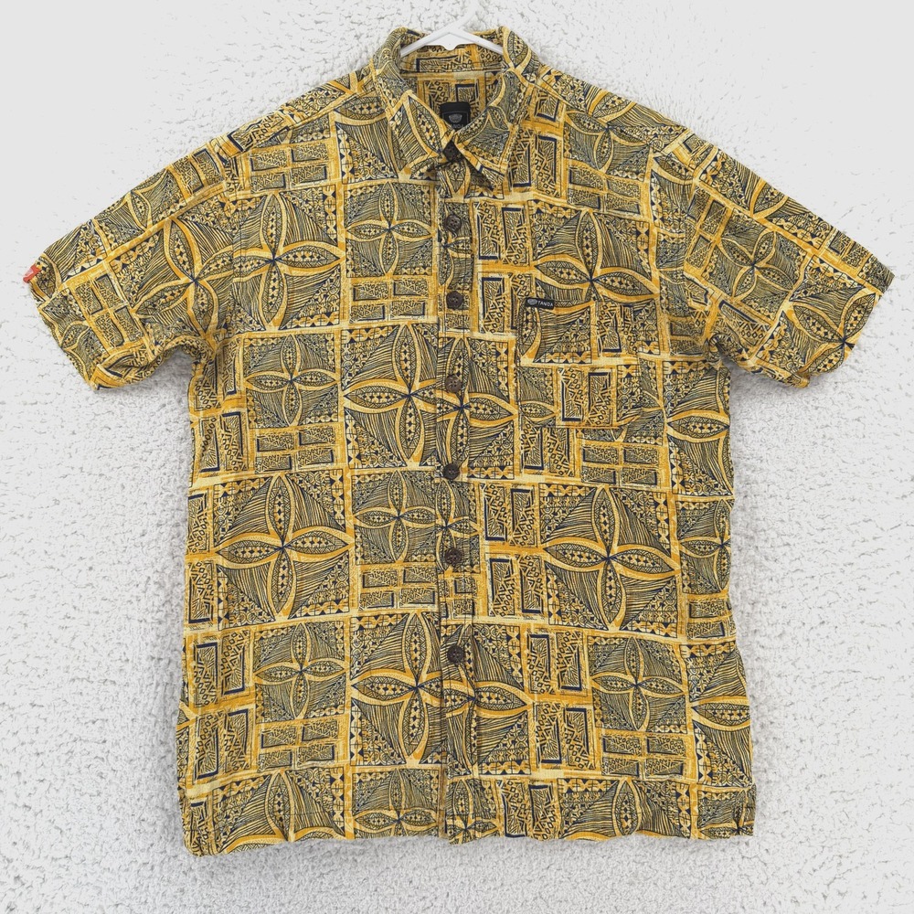 Tanoa Shirt Mens Large Yellow Geometric Hawaiian Short Sleeve Button Up Casual